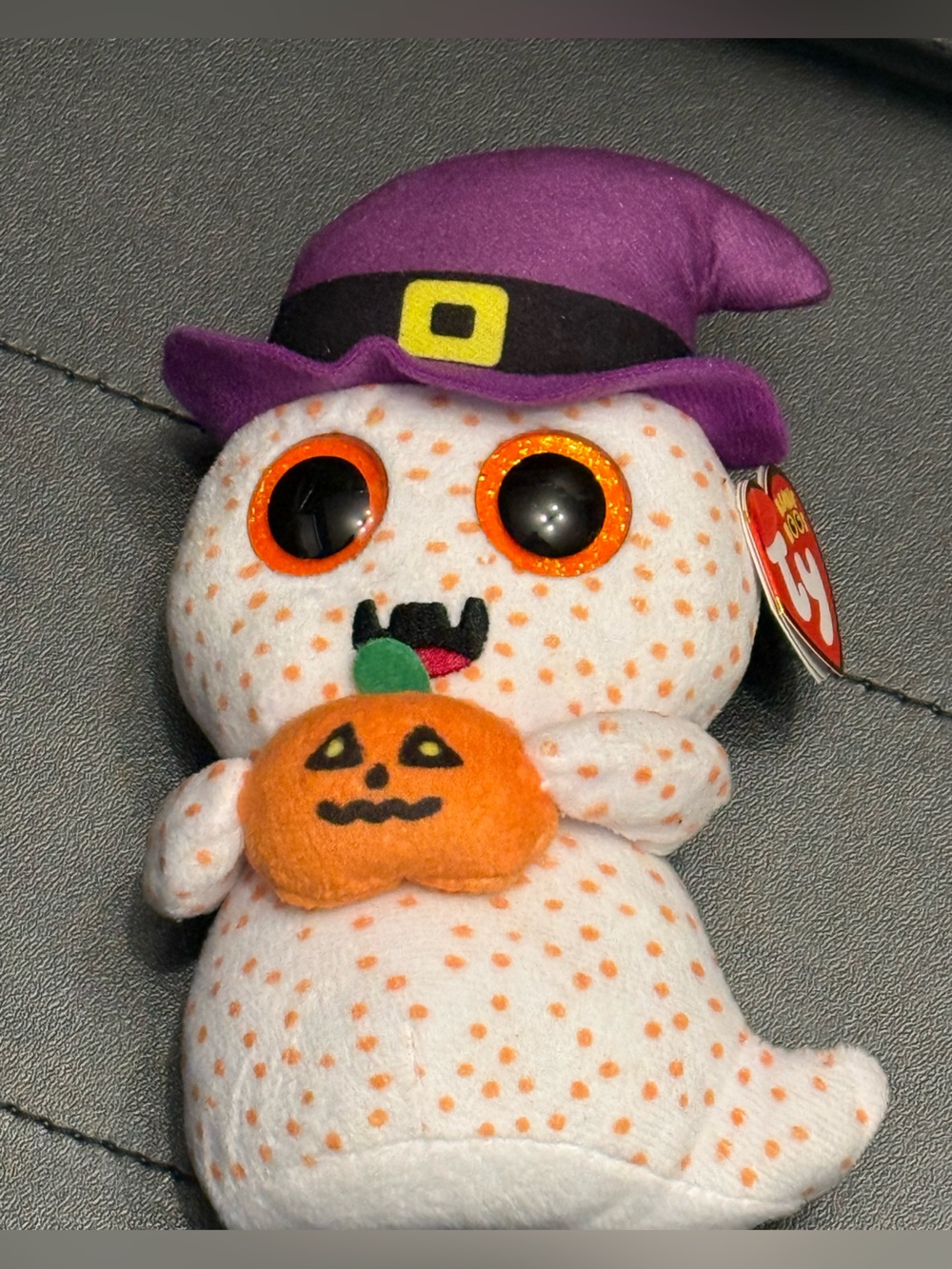 Ty White-and-Orange Spotted Witch Snowman Plush with Purple Hat